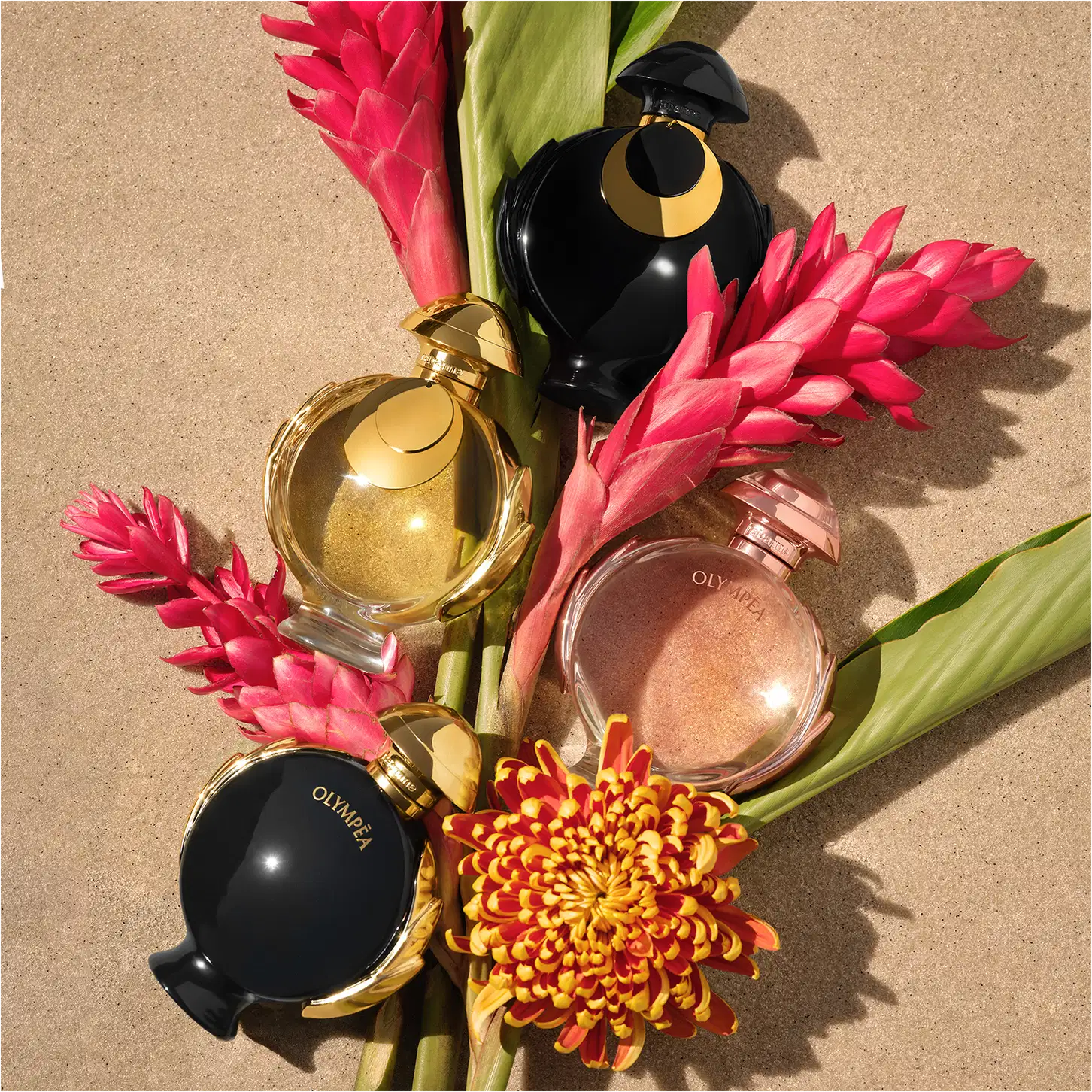 Arranjo de itens de perfumaria da marca Olympea, incluindo frascos de perfume dourados e pretos, com flores vermelhas e amarelas em um fundo bege. O cenário sugere um ambiente de beleza e luxo.