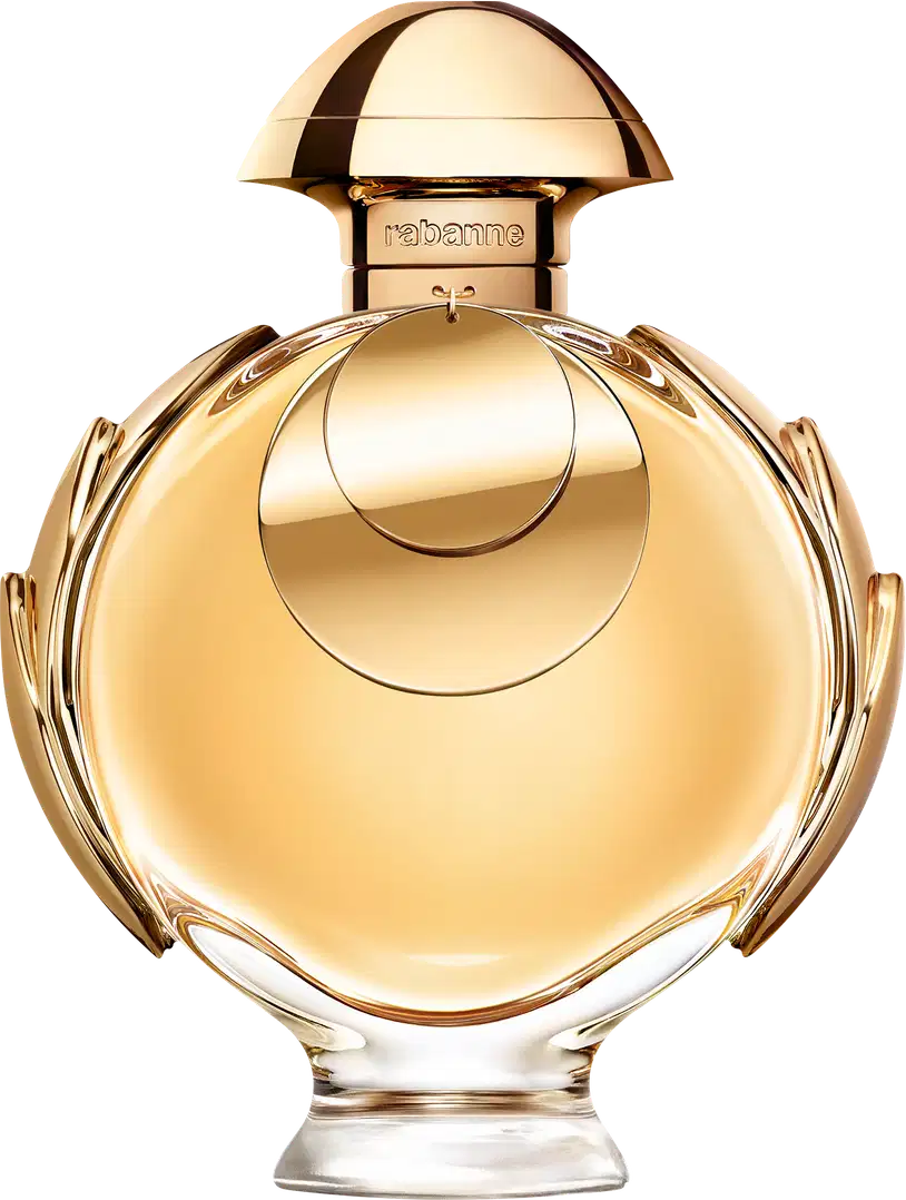 Perfume Olympéa Elixir Rabanne Eau de Parfum Intense, recipiente dourado em forma de cúpula com detalhes em relevo. Possui tampa arredondada e corpo esculpido com linhas curvas. Rótulo com nome da marca "Rabanne" em destaque. 
