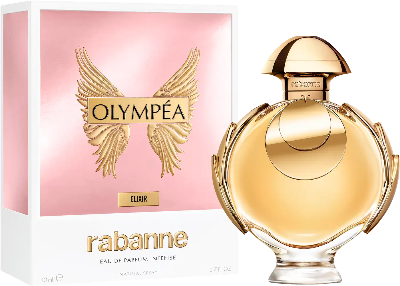 Perfume e caixa Olympéa Elixir Rabanne Eau de Parfum Intense, recipiente dourado em forma de cúpula com detalhes em relevo. Possui tampa arredondada e corpo esculpido com linhas curvas. Rótulo com nome da marca "Rabanne" em destaque. 