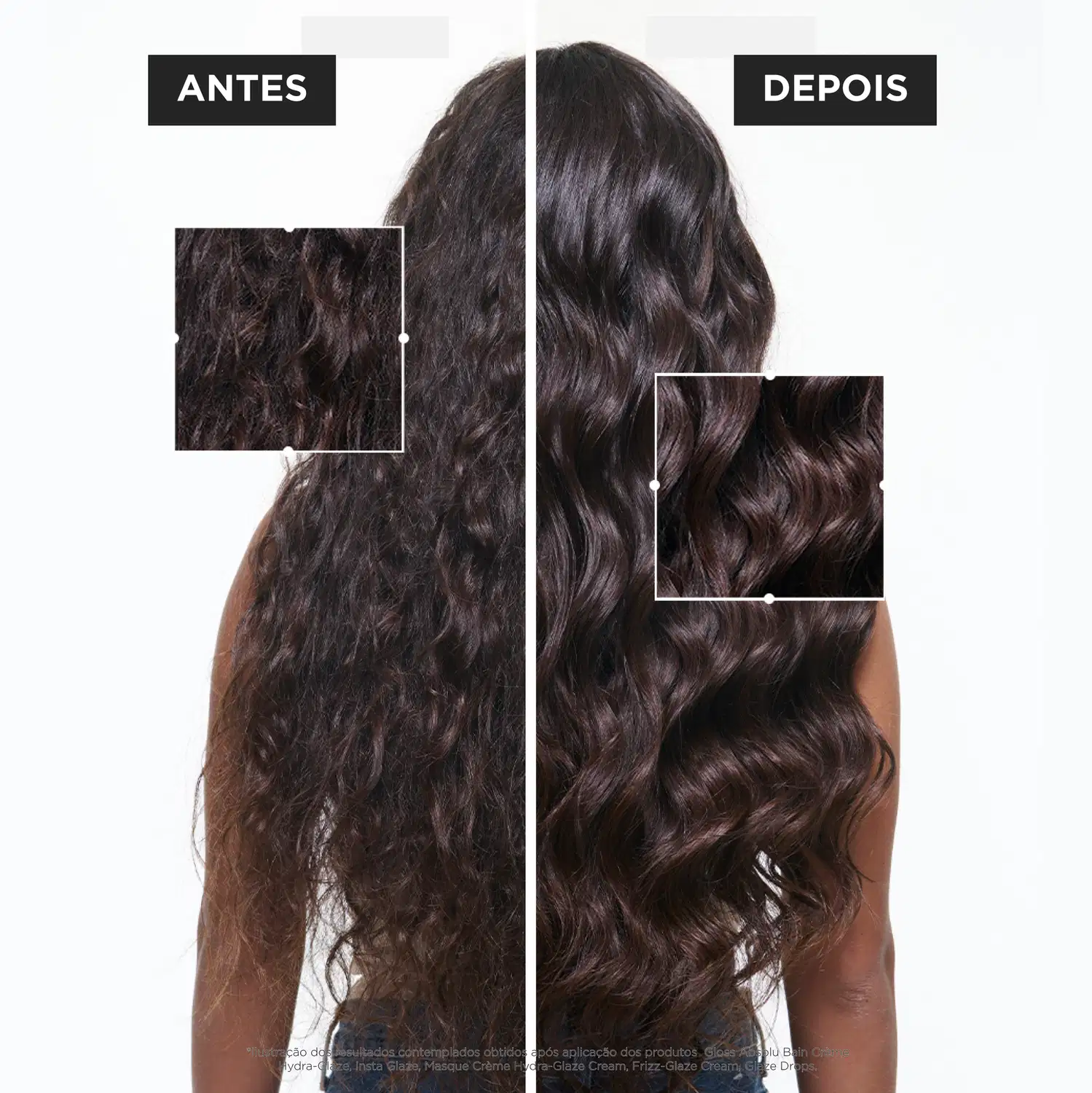 Imagem promocional de produto de tratamento capilar da marca Kérastase, apresentando o antes e depois do uso do produto em cabelos cacheados e ondulados, com fundo branco e texto em português.