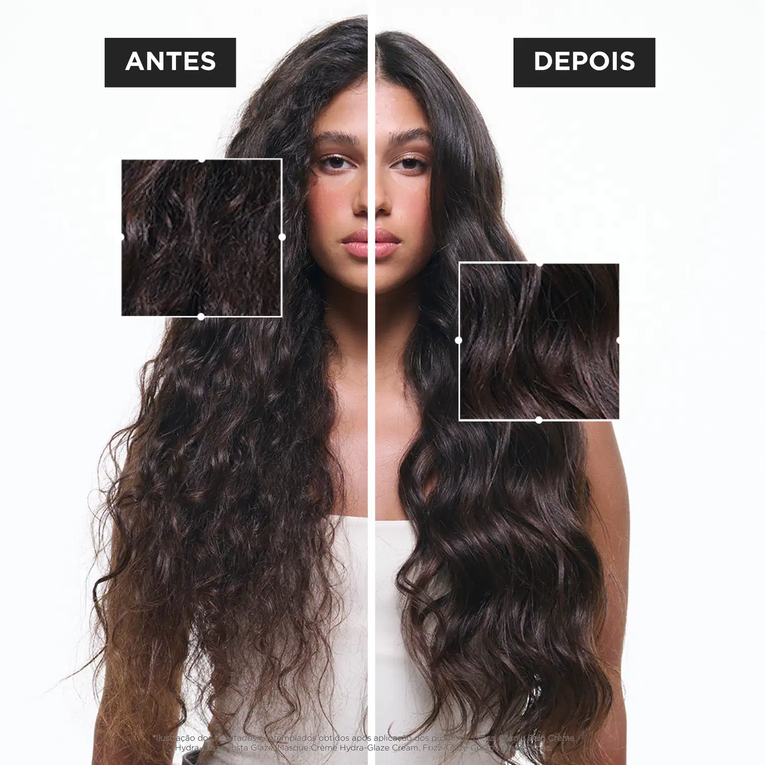 Imagem promocional de produto de tratamento capilar da marca Kérastase, apresentando o antes e depois do uso do produto em cabelos cacheados e ondulados, com fundo branco e texto em português.