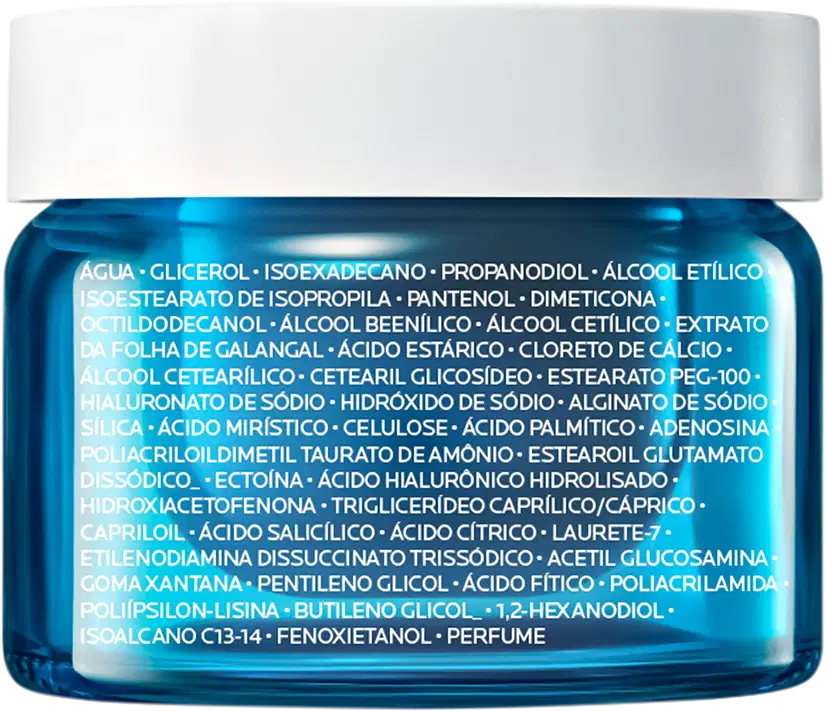 Frasco de creme facial da marca La Roche-Posay, com tampa branca e corpo azul, contendo uma lista detalhada de ingredientes em seu rótulo.