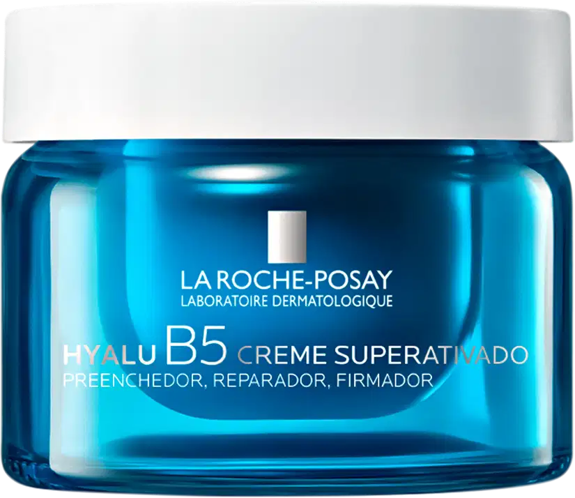 Frasco de creme facial da linha Hyalu B5 da La Roche-Posay, com embalagem de vidro azul brilhante e tampa branca. O rótulo destaca os benefícios de preenchimento, reparação e firmeza da pele.