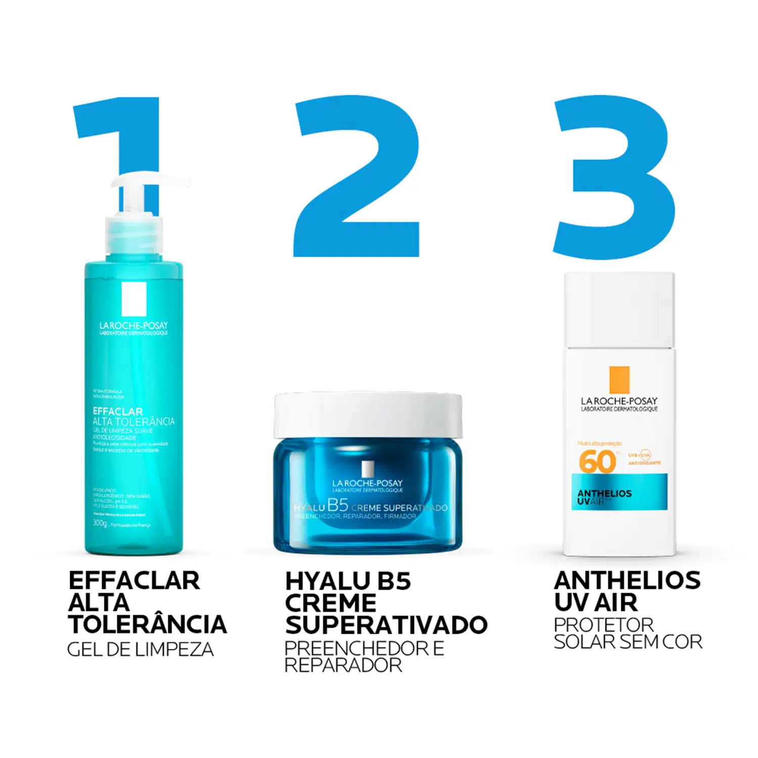 Produtos de cuidados com a pele da marca La Roche-Posay, incluindo gel de limpeza, creme hidratante e protetor solar, em um ambiente branco e azul, destacando os benefícios e funcionalidades de cada item.