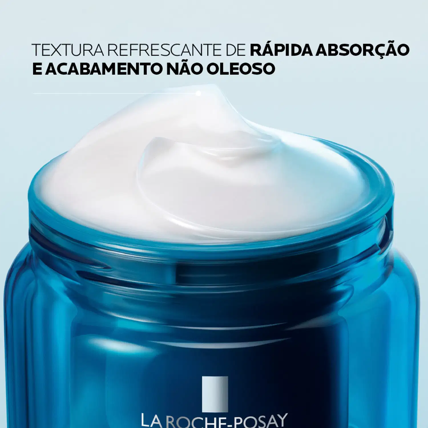 Embalagem de creme hidratante da marca La Roche-Posay, com textura refrescante e acabamento não oleoso, em tons de azul e branco, sugerindo um produto de rápida absorção e cuidado com a pele.