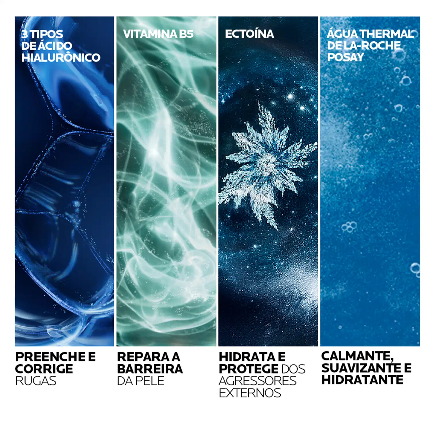 Ambiente de produtos de beleza da marca La Roche-Posay, com imagens que destacam os benefícios dos ingredientes como ácido hialurônico, vitamina B5 e água termal, em tons azulados e esverdeados que transmitem frescor e hidratação.