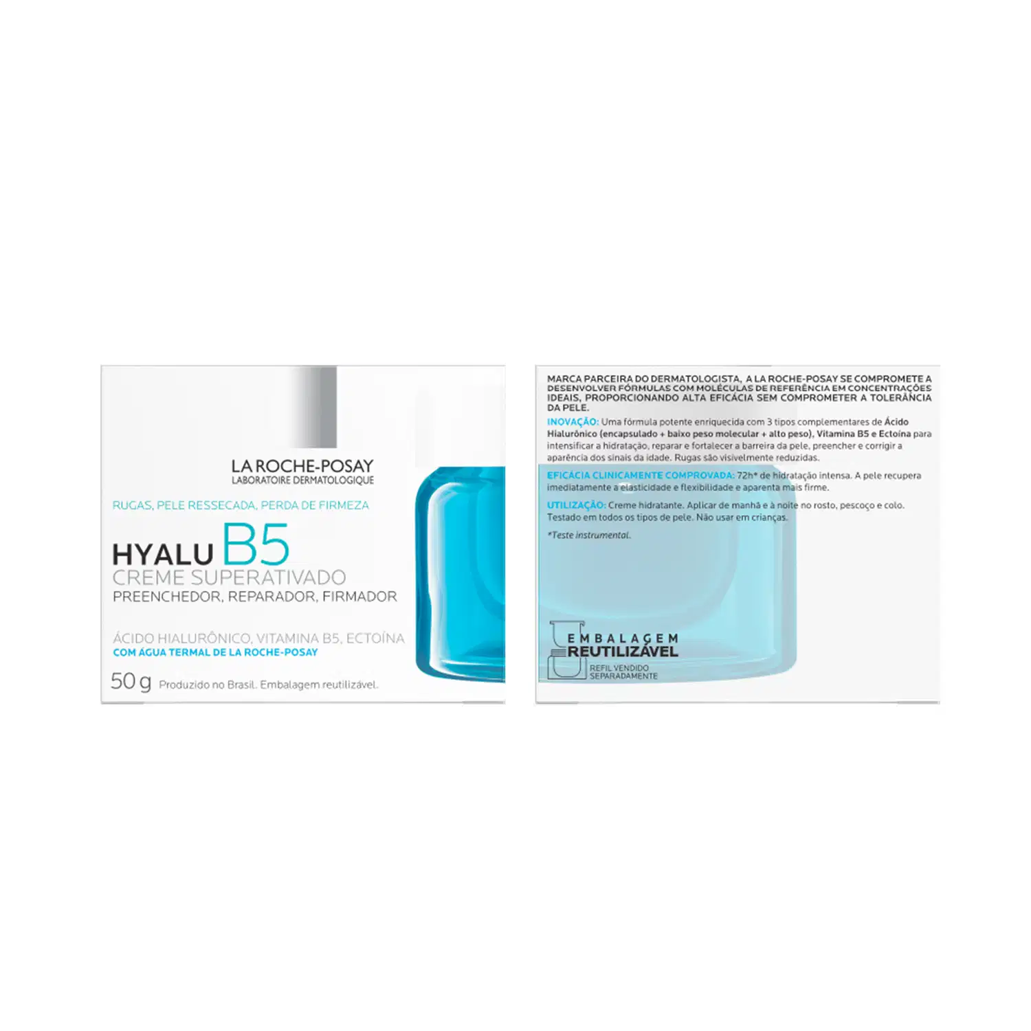 O produto é um creme hidratante da marca La Roche-Posay, com embalagem plástica branca e azul, contendo 50g. O rótulo destaca o nome "HYALU B5" e menciona que se trata de um creme superativado, preenchedor, reparador e firmador.