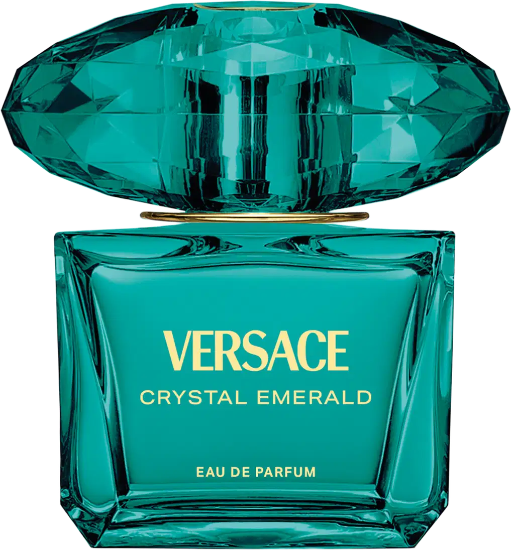 Frasco de item de perfumaria de cor verde esmeralda brilhante com tampa em formato oval. Rótulo em letras douradas exibe a marca "VERSACE CRYSTAL EMERALD" e a descrição "EAU DE PARFUM".