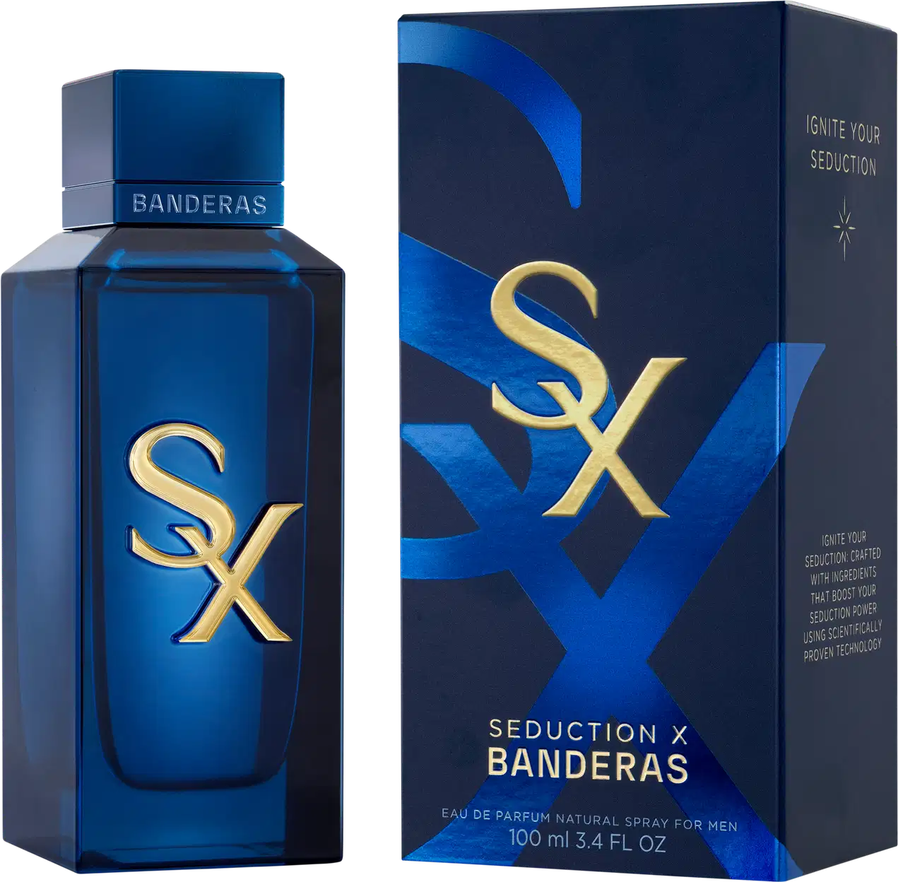 Frasco de perfume e caixa em tons de azul escuro com logotipo dourado "SX" em destaque. Embalagem retangular com texto "BANDERAS" na parte superior. Objeto com design elegante e sofisticado em tons predominantemente azuis.