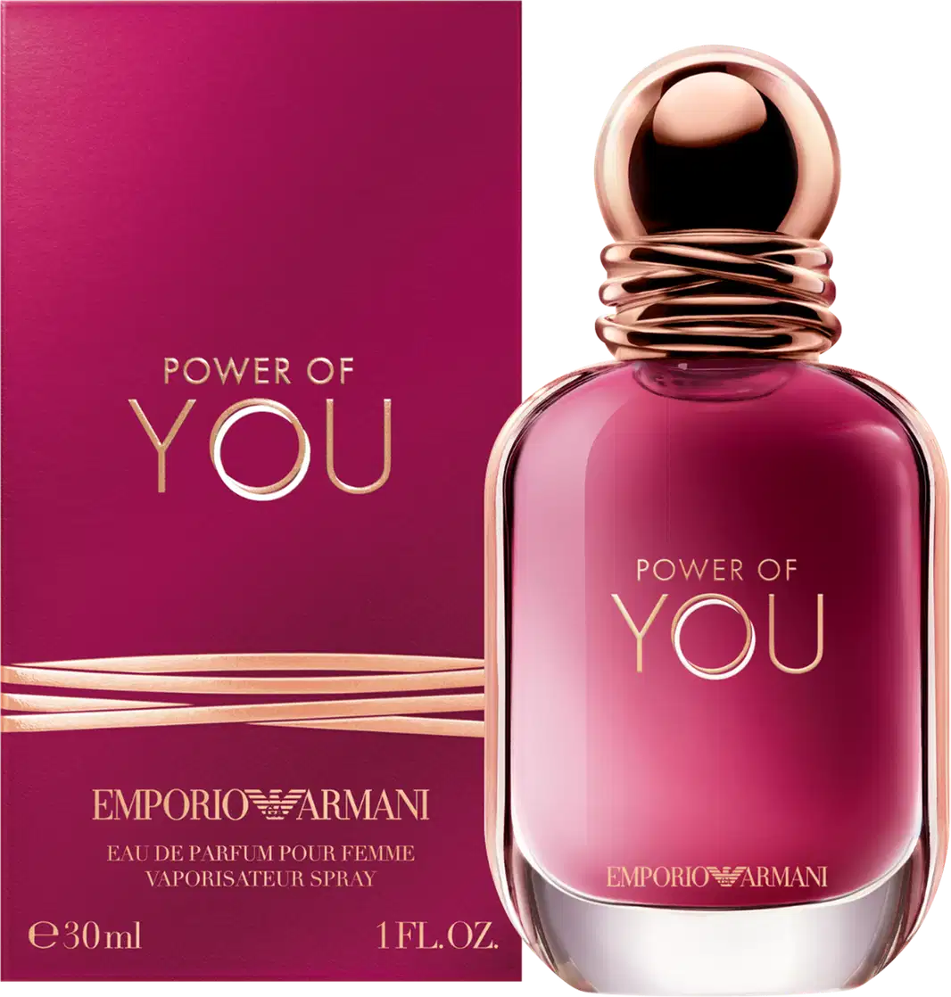 Caixa e perfume Power of You Armani Eau de Parfum exibe o texto "POWER OF YOU" em letras douradas sobre fundo rosa vibrante. O design é elegante e minimalista, com uma aparência sofisticada.