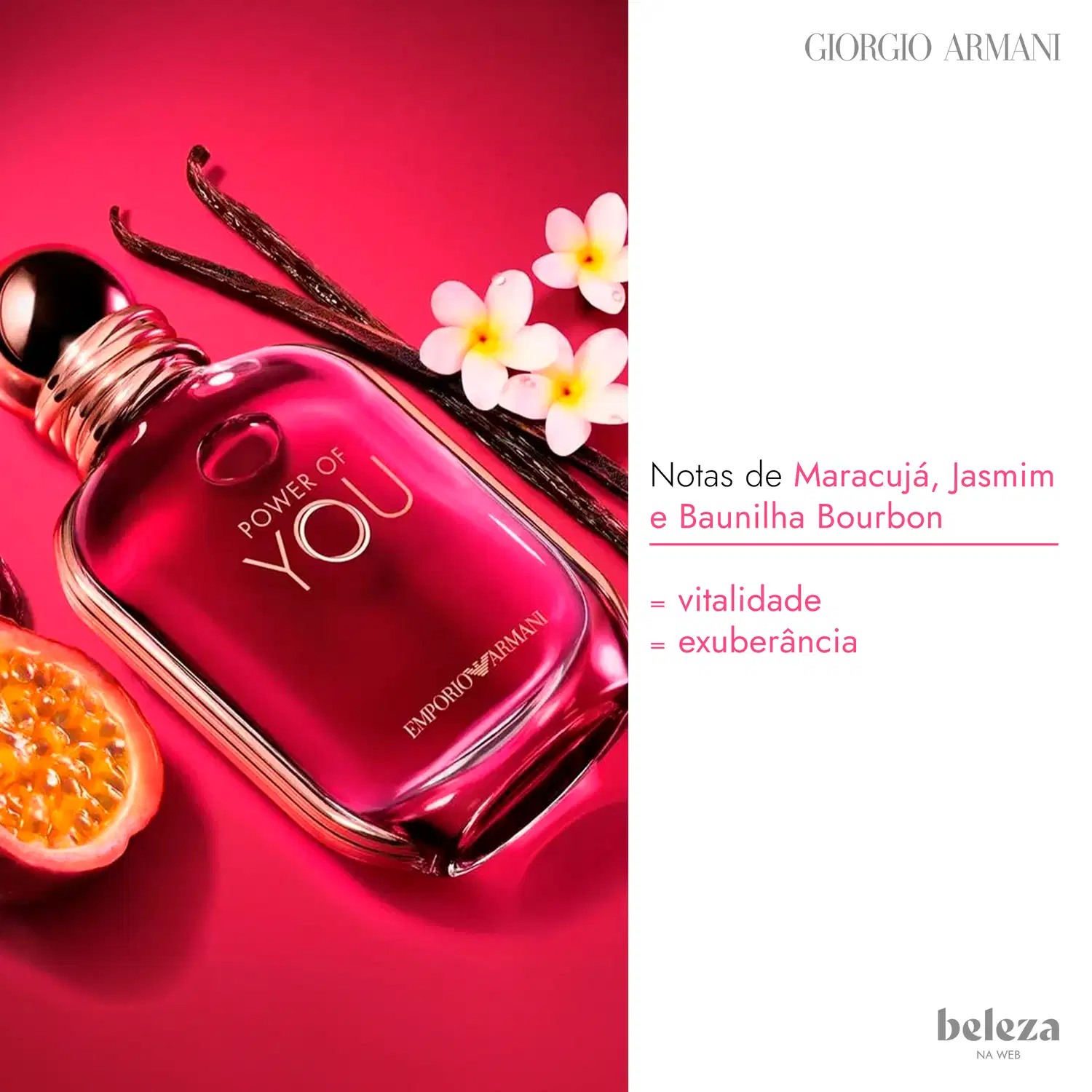 Frasco de item de perfumaria da marca Giorgio Armani com notas de maracujá, jasmim e baunilha bourbon, exibindo vitalidade e exuberância.