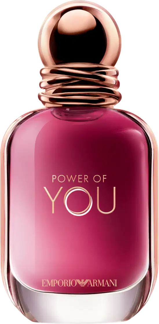 Perfume Power of You Armani Eau de Parfum exibe o texto "POWER OF YOU" em letras douradas sobre conteúdo rosa vibrante. O design é elegante e minimalista, com uma aparência sofisticada.