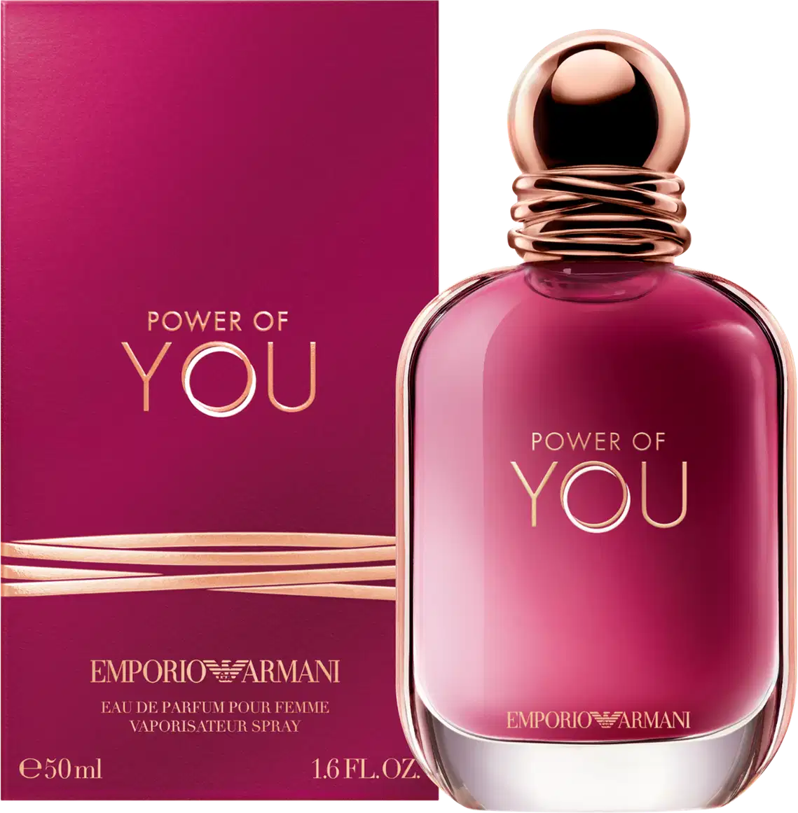 Caixa e perfume Power of You Armani Eau de Parfum exibe o texto "POWER OF YOU" em letras douradas sobre fundo rosa vibrante. O design é elegante e minimalista, com uma aparência sofisticada.