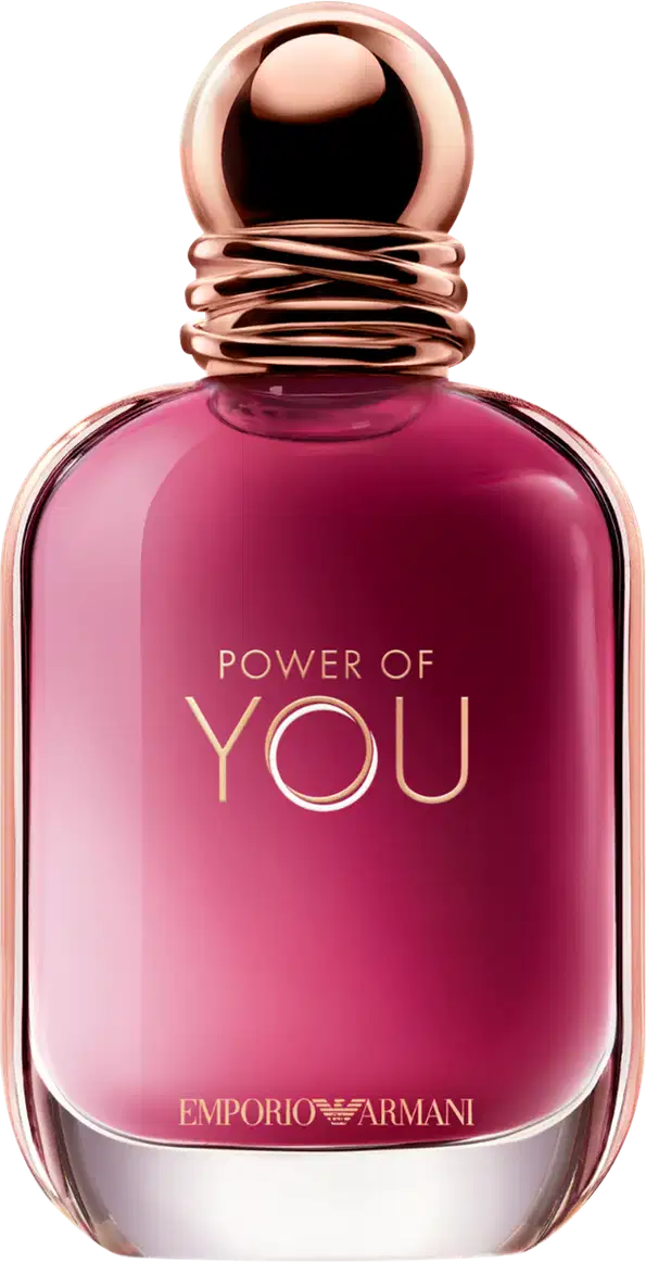 Perfume Power of You Armani Eau de Parfum exibe o texto "POWER OF YOU" em letras douradas sobre conteúdo rosa vibrante. O design é elegante e minimalista, com uma aparência sofisticada.