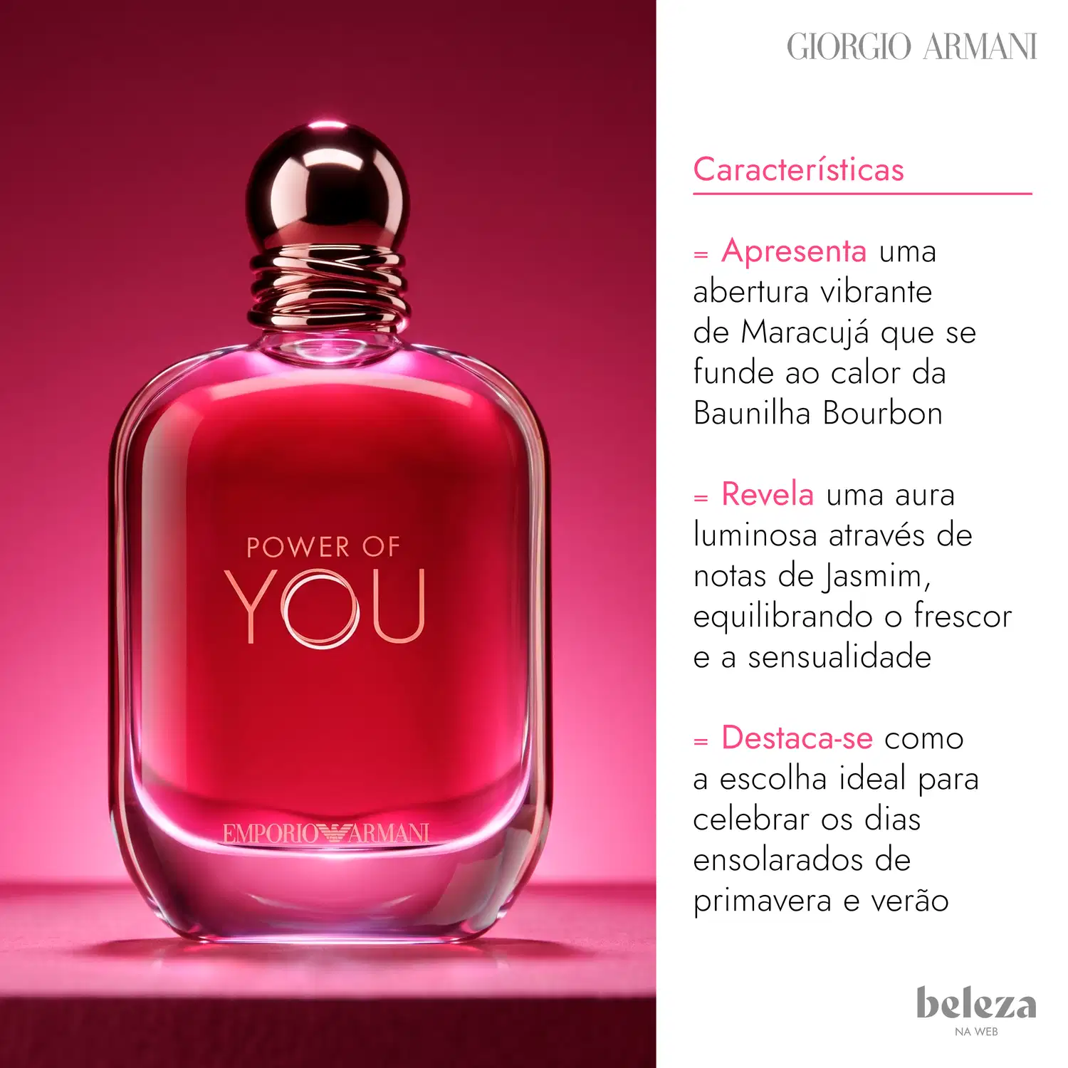 Frasco de item de perfumaria da marca Giorgio Armani com nome "Power of You" em destaque, com notas de Maracujá, Baunilha Bourbon e Jasmim.
