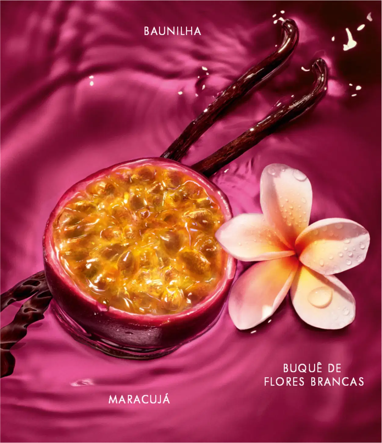 Imagem mostra um recipiente de vidro contendo uma substância amarela , com dois bastões de madeira e uma flor branca ao lado. O texto na imagem inclui "BAUNILHA", "MARACUJÁ" e "BUQUE DE FLORES BRANCAS".