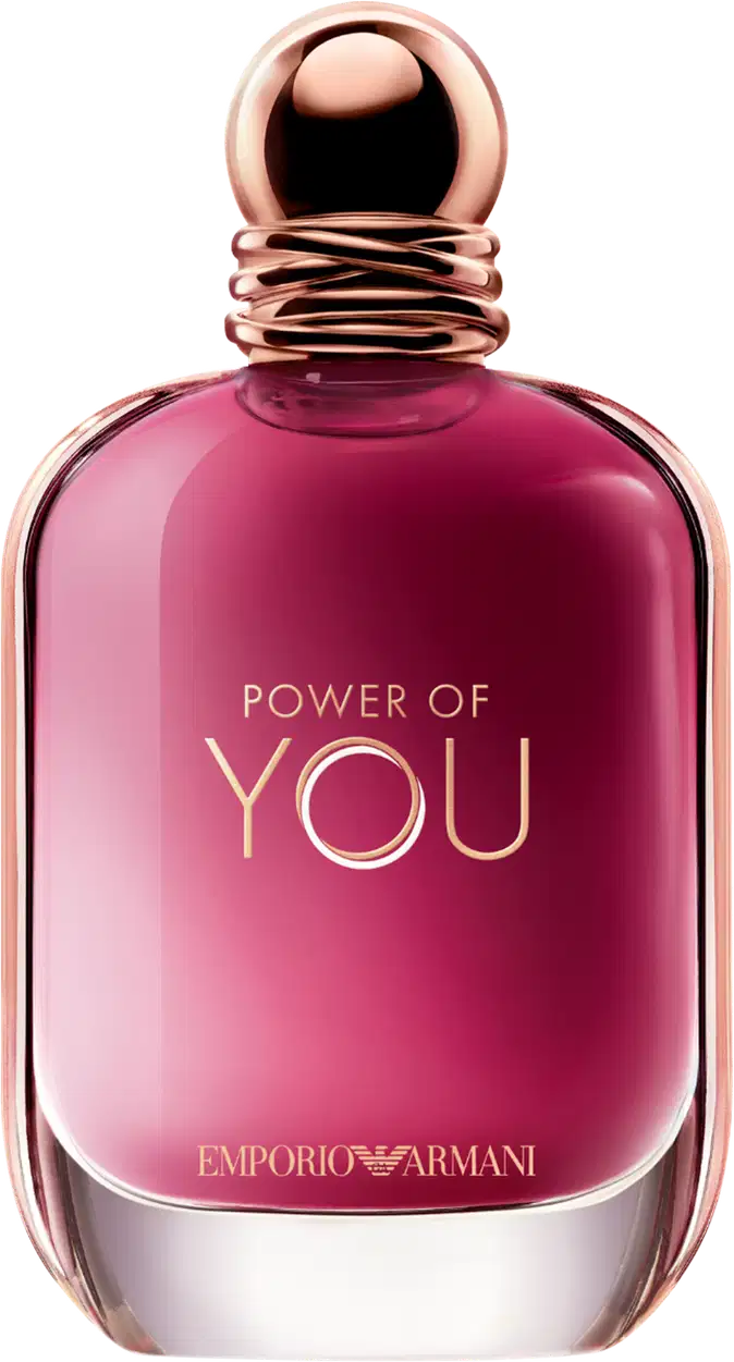 Perfume Power of You Armani Eau de Parfum exibe o texto "POWER OF YOU" em letras douradas sobre conteúdo rosa vibrante. O design é elegante e minimalista, com uma aparência sofisticada.