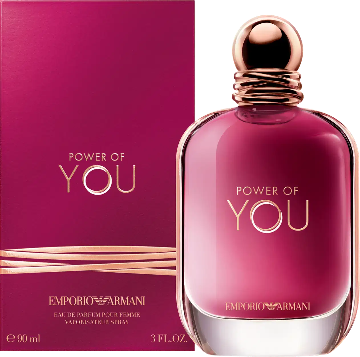 Caixa e perfume Power of You Armani Eau de Parfum exibe o texto "POWER OF YOU" em letras douradas sobre fundo rosa vibrante. O design é elegante e minimalista, com uma aparência sofisticada.