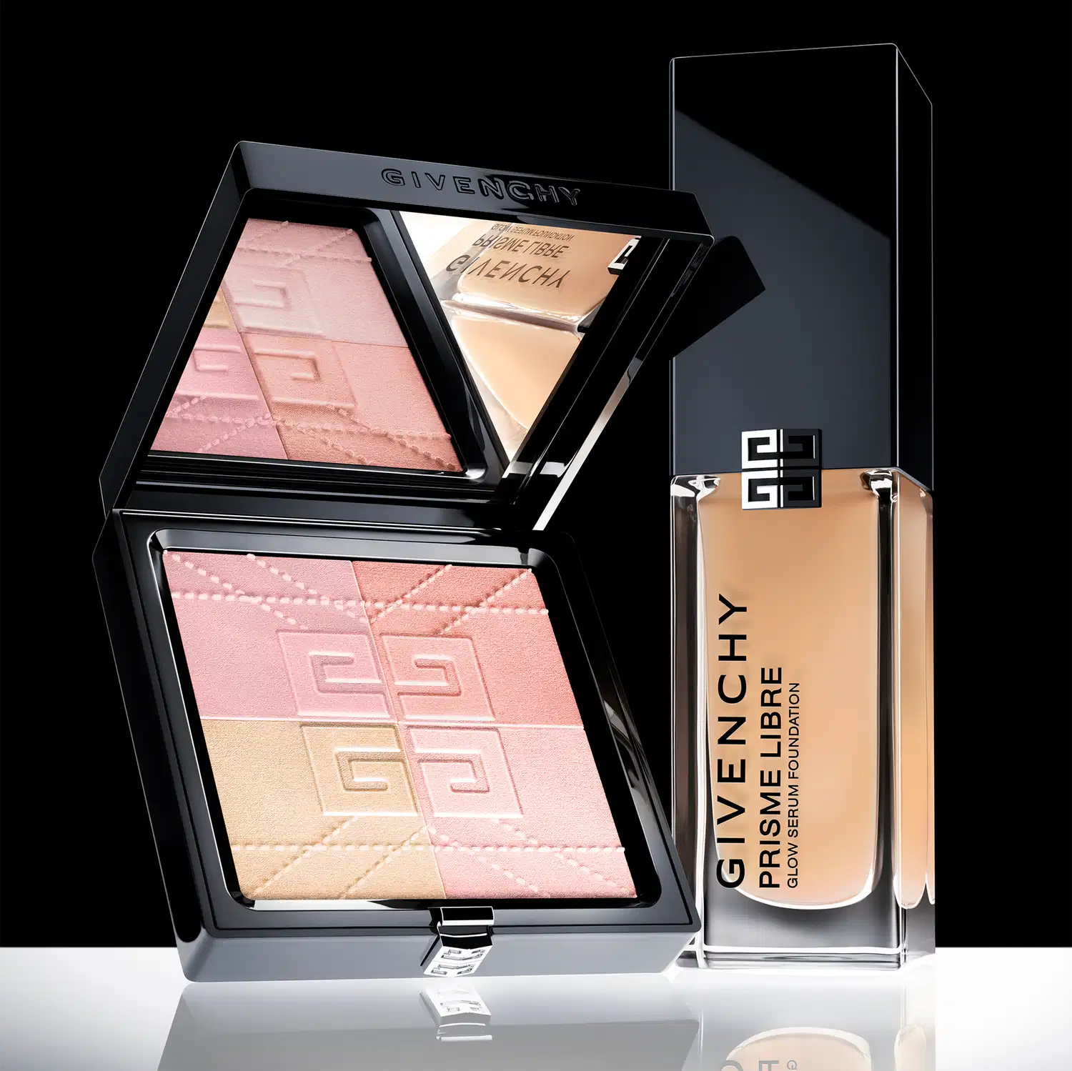 Caixa preta com logotipo "Givenchy" contendo paleta de blush e pó compacto em tons de rosa e bege. Frasco de base preto e bege