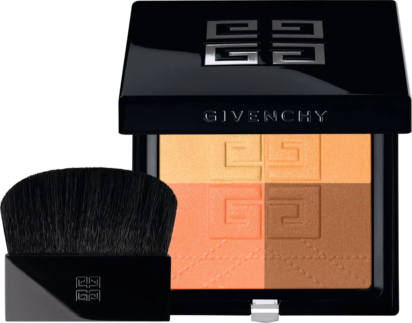 Estojo preto de maquiagem da marca Givenchy contendo uma paleta em tons de laranja e marrom, com um pincel preto ao lado.