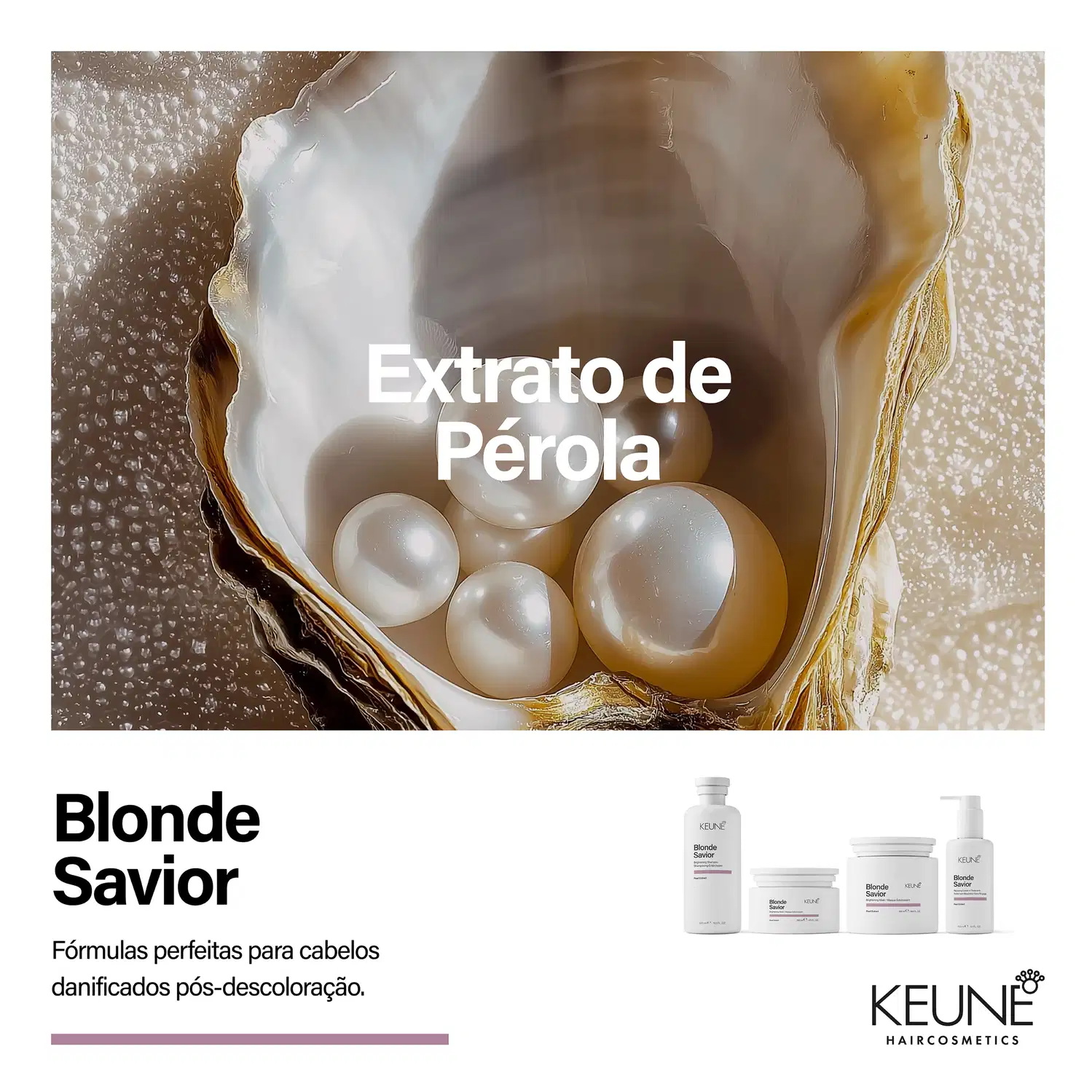 Produtos da linha Blonde Savior da Keune: shampoo, máscara e tratamento leave-in para cabelos loiros. Embalagens brancas com detalhes em roxo, destacando os benefícios de brilho, reparação e fortalecimento.