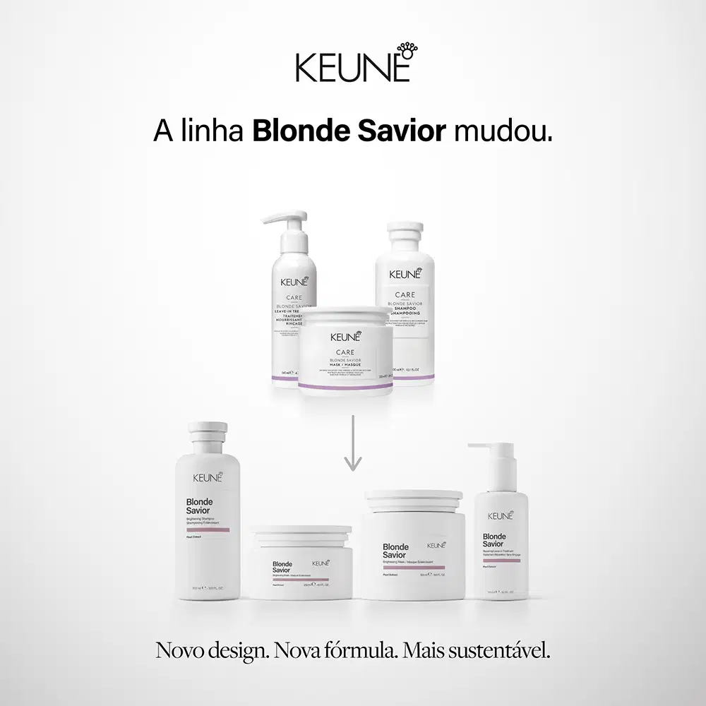 Produtos da linha Blonde Savior da Keune: shampoo, máscara e tratamento leave-in para cabelos loiros. Embalagens brancas com detalhes em roxo, destacando os benefícios de brilho, reparação e fortalecimento.