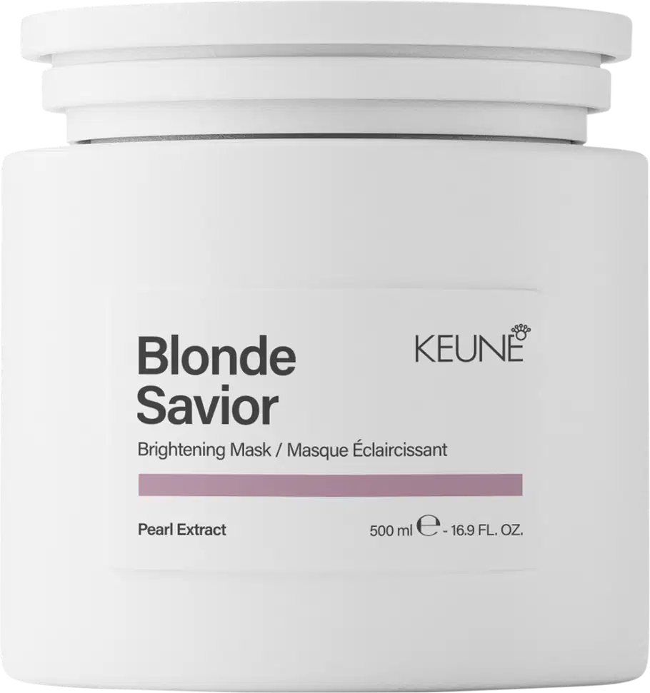 Frasco branco de máscara capilar Blonde Savior da marca Keune, com rótulo preto e cinza, contendo 500 ml do produto. Destaca-se o extrato de pérola como ingrediente.