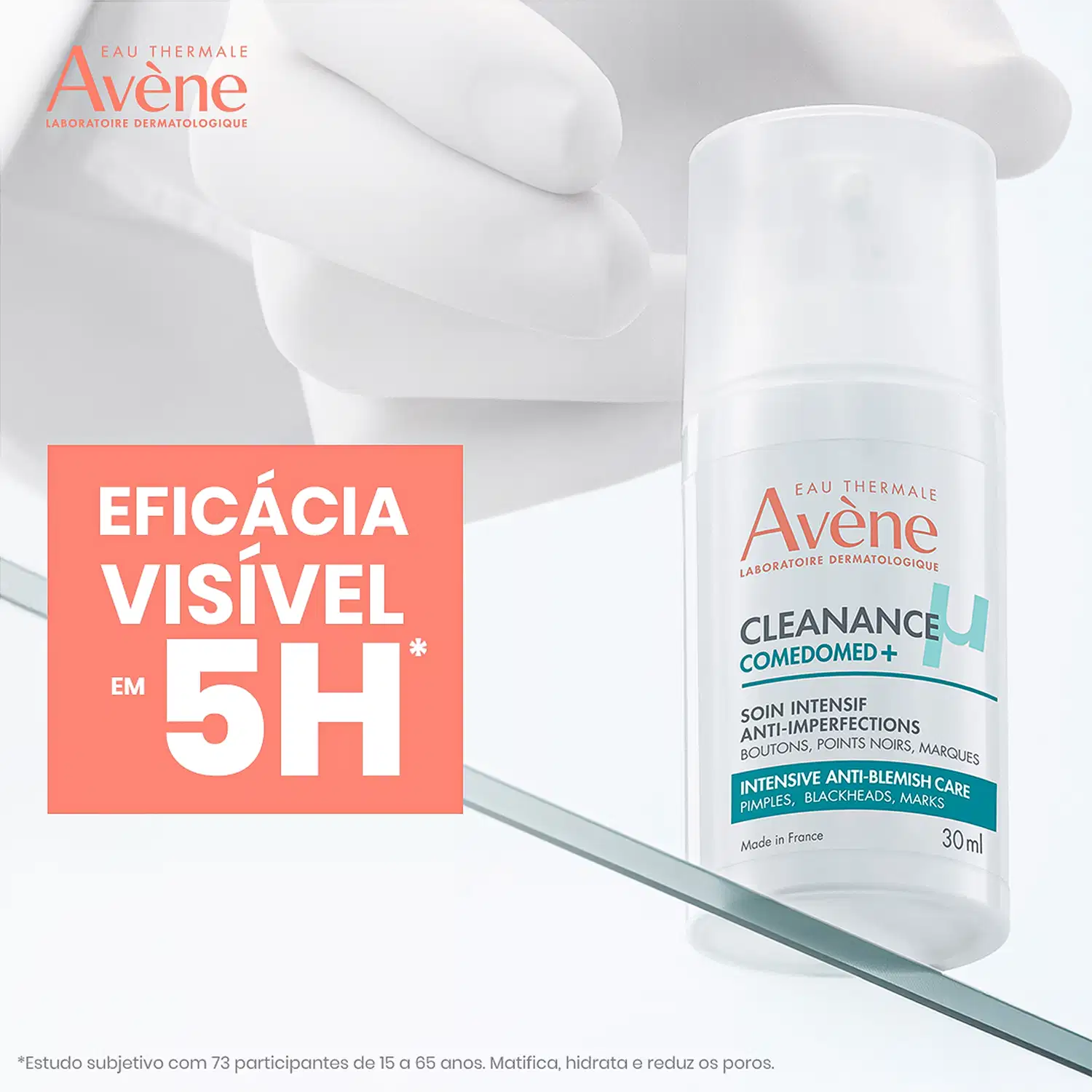 Eficácia visível em 5h*. Cleanance Comedomed+ - Soin intensif anti-imperfections. Pimples, blackheads, marks. Made in France.