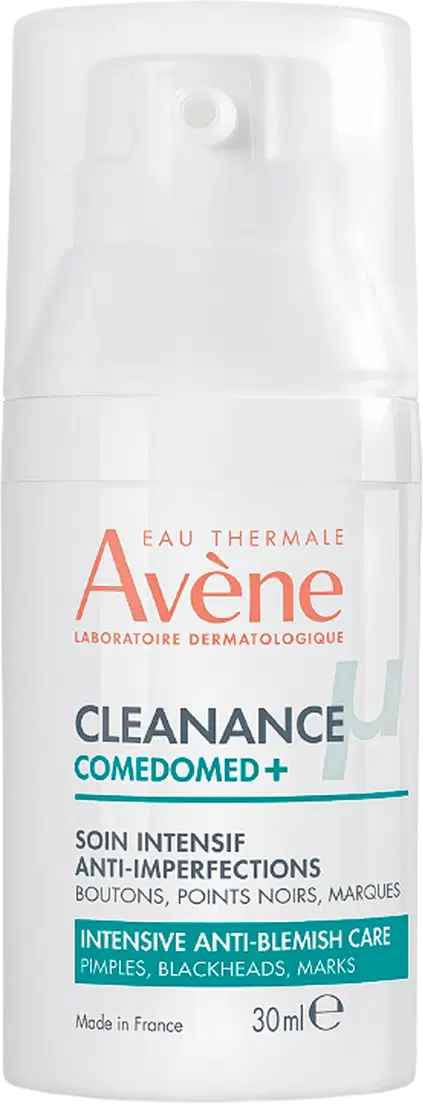 Frasco branco da linha Cleanance Comedomed+ da Avène, um produto de cuidado intensivo anti-imperfeições para pele com acne