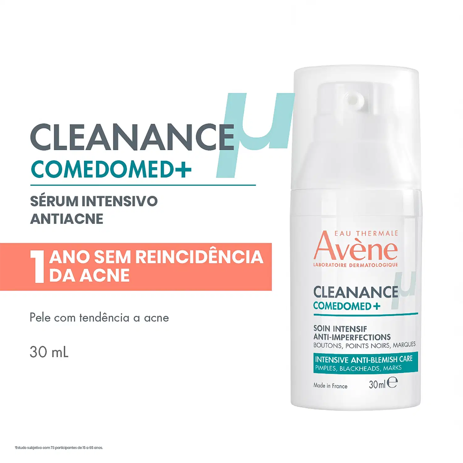 Cleanance Comedomed+ Sérum intensivo antiacne. 1 ano sem reincidência da acne. Pele com tendência a acne. 30 ml. Soin intensif anti-imperfections. Intensive anti-blemish care. Made in France.