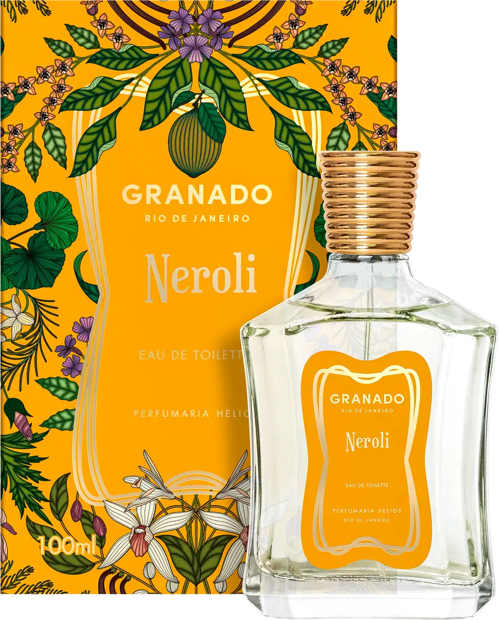 Frasco de perfume Neroli da marca Granado, com embalagem em tons de amarelo e verde, contendo ilustrações florais. O rótulo apresenta o nome do produto e da marca em destaque.