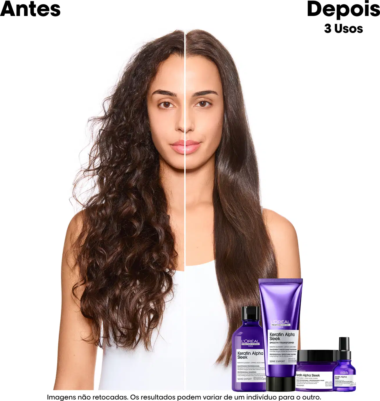 A imagem mostra o antes e depois do uso de um produto de tratamento capilar da marca L'Oreal. O ambiente é neutro, com fundo branco, destacando os resultados do produto na transformação do cabelo da modelo, de ondulado a liso.