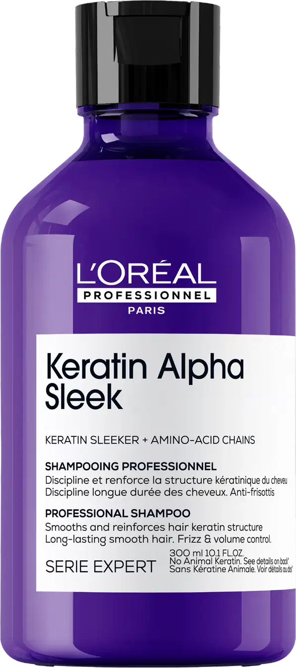 Frasco de shampoo profissional da marca L'Oréal Professionnel, com design em tons de roxo e preto, rotulado como "Keratin Alpha Sleek" com informações sobre seus benefícios para cabelos.