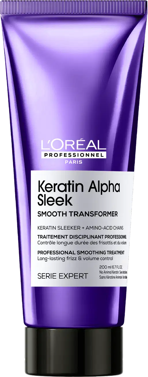 Tubo de tratamento alisador de cabelos da L'Oréal Professionnel, da linha Keratin Alpha Sleek, com embalagem roxa e branca, apresentando informações sobre o produto.