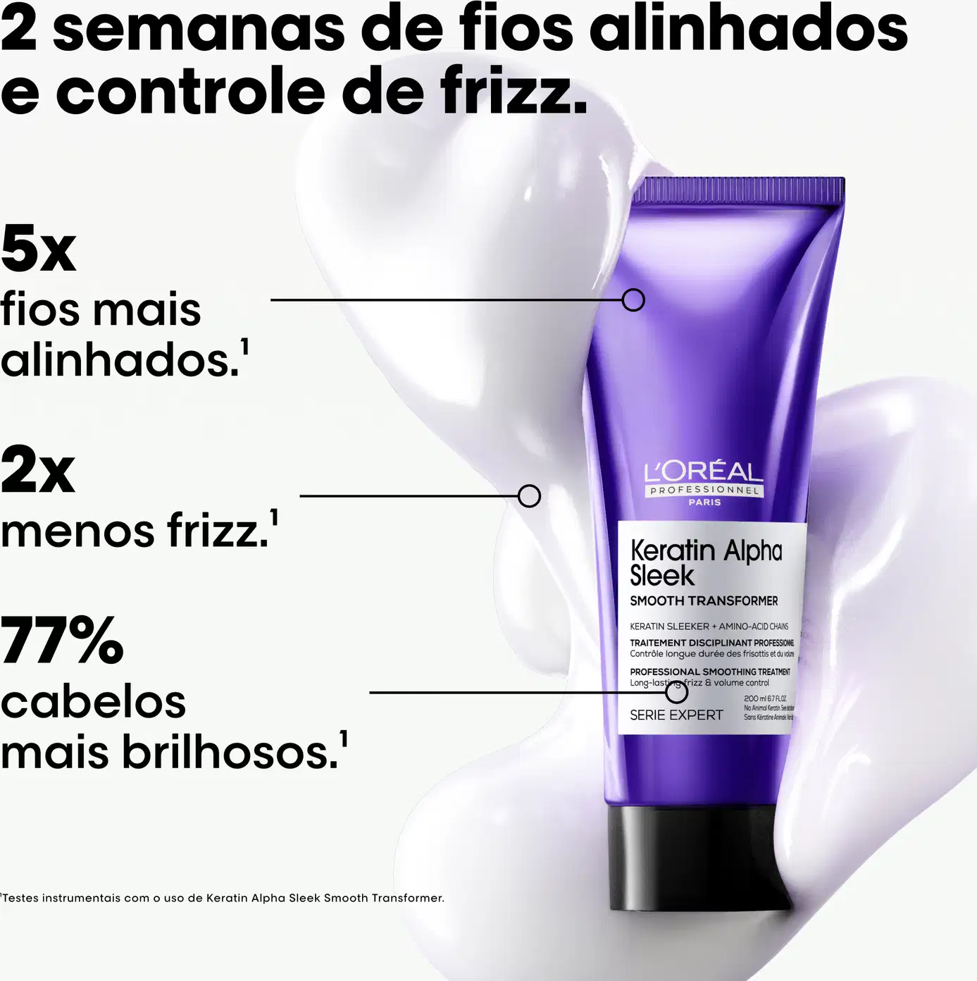 2 semanas de fios alinhados e controle de frizz. 5x fios mais alinhados.1 2x menos frizz.1 77% cabelos mais brilhosos.1 Keratin Alpha Sleek Smooth Transformer, L'Oréal Professionnel Paris.