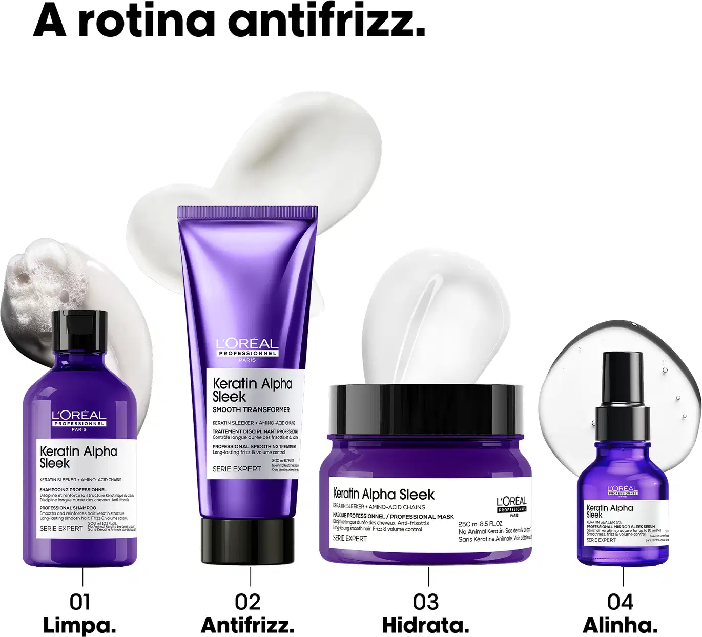 Ambiente com produtos L'Oréal Professionnel, com foco em uma linha de tratamento capilar Keratin Alpha Sleek, apresentando embalagens em tons de roxo e branco, sugerindo rotina de cuidados, passo 1 limpa, passo 2 antifrizz,  passp 3 hidrata e 4 alinha.