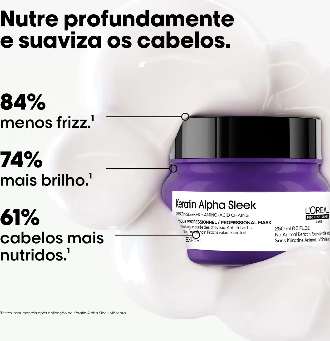 Frasco de máscara profissional Keratin Alpha Sleek da L'Oréal Paris, com embalagem roxa brilhante e tampa preta. O rótulo destaca os benefícios do produto, como alisamento, controle de frizz e volume.