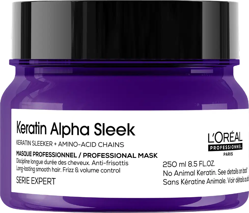 Frasco de máscara capilar profissional Keratin Alpha Sleek da L'Oréal Paris, com 250 ml de volume, em embalagem de vidro de cor roxa brilhante e tampa preta.