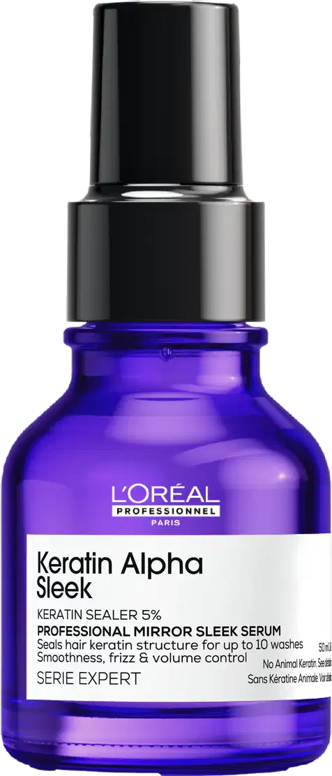Frasco de soro de cabelo da marca L'Oréal Professionnel, da linha Keratin Alpha Sleek, com 5% de queratina. O frasco possui formato cilíndrico, com tampa preta e corpo em vidro de cor roxa translúcida.