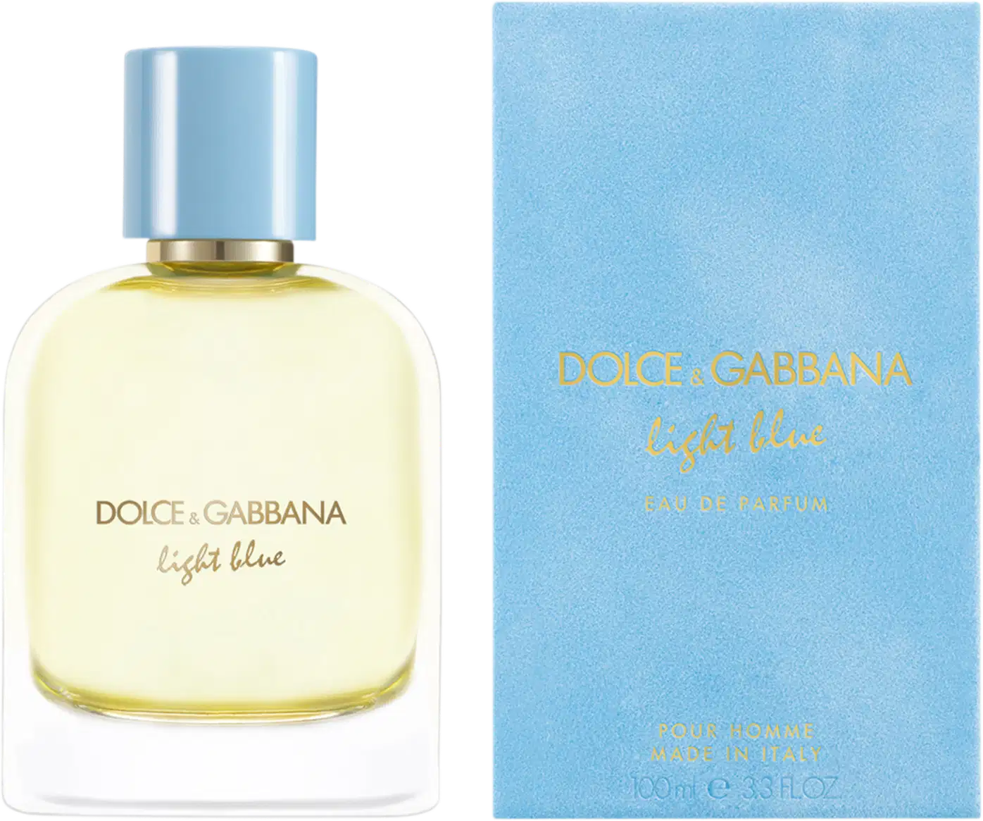 Caixa de item de perfumaria com tampa azul claro e rótulo com texto "Dolce & Gabbana Light Blue" em dourado. O frasco possui formato cilíndrico e contém um líquido amarelo claro.