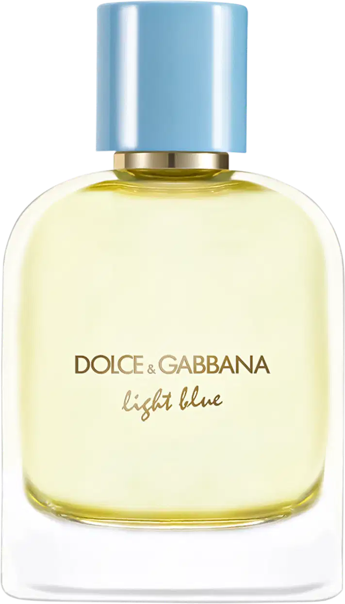 Frasco de item de perfumaria com tampa azul claro e rótulo com texto "Dolce & Gabbana Light Blue" em dourado. O frasco possui formato cilíndrico e contém um líquido amarelo claro.
