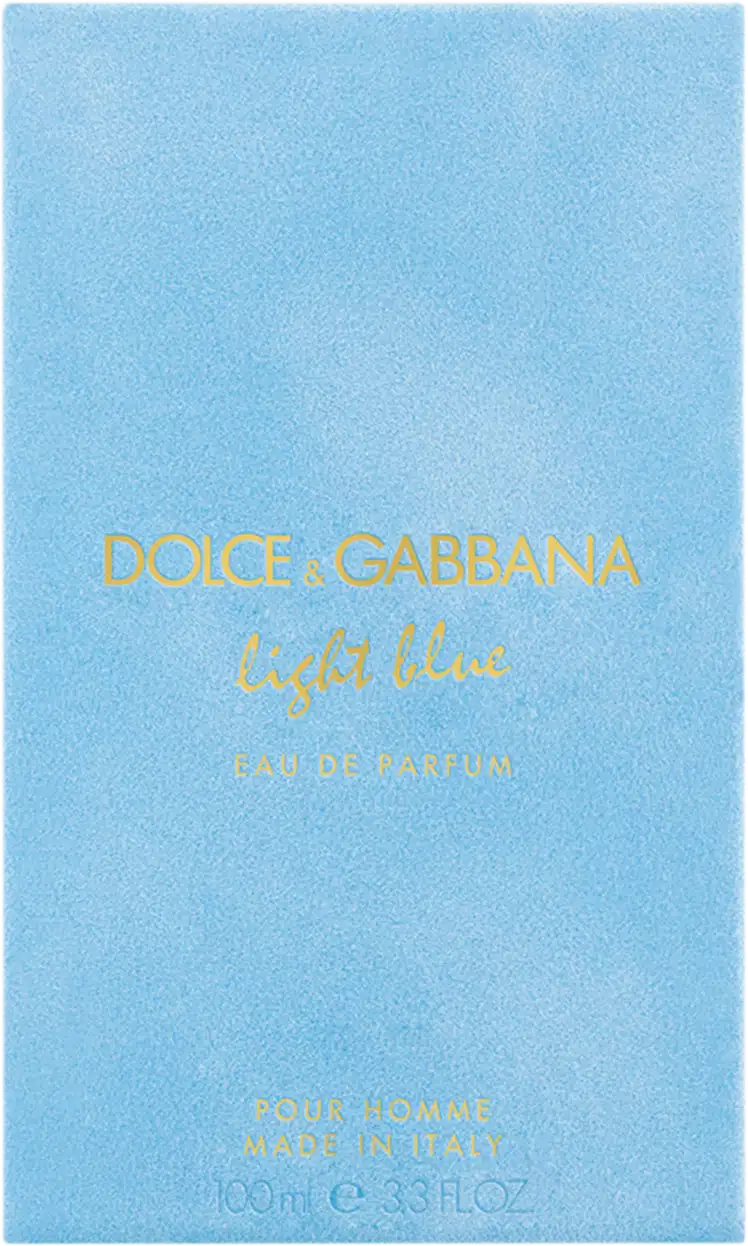 Caixa de item de perfumaria com tampa azul claro e rótulo com texto "Dolce & Gabbana Light Blue" em dourado.