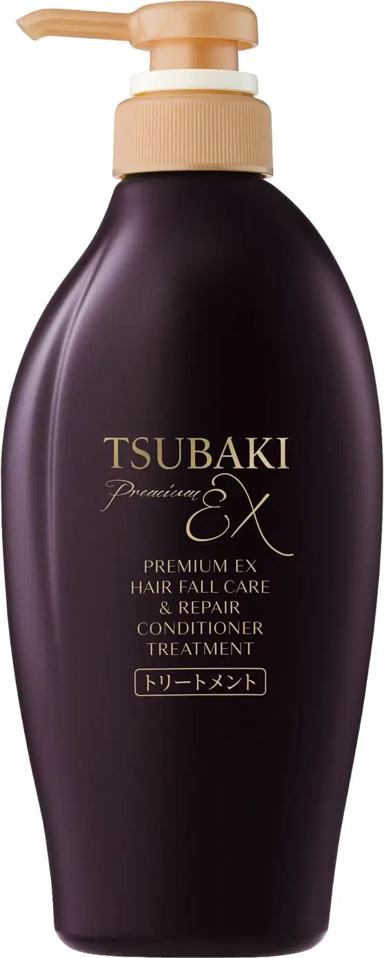 Frasco de condicionador Tsubaki Premium EX de 450ml, com embalagem roxa escura e rótulo dourado destacando os benefícios do produto.