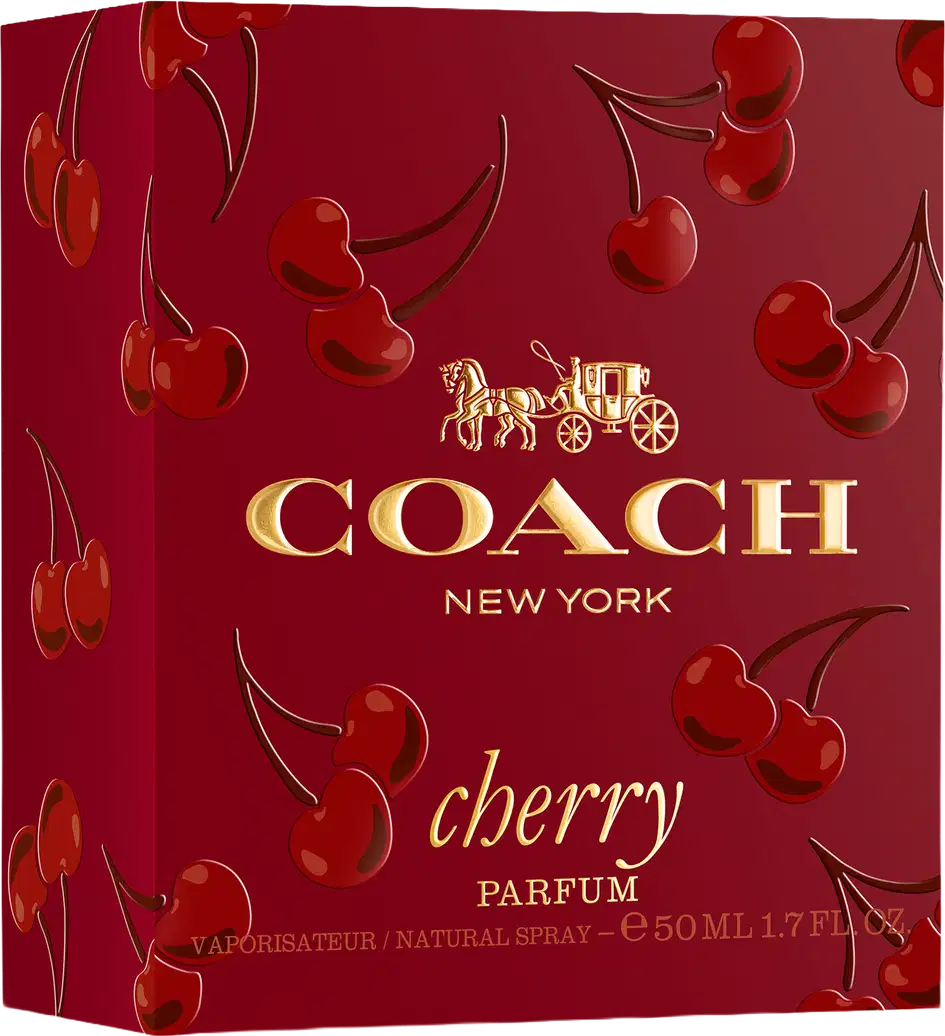 Caixa vermelha com logotipo dourado da Coach e imagens de cerejas, contendo um frasco de perfume Coach Cherry de 50 ml.