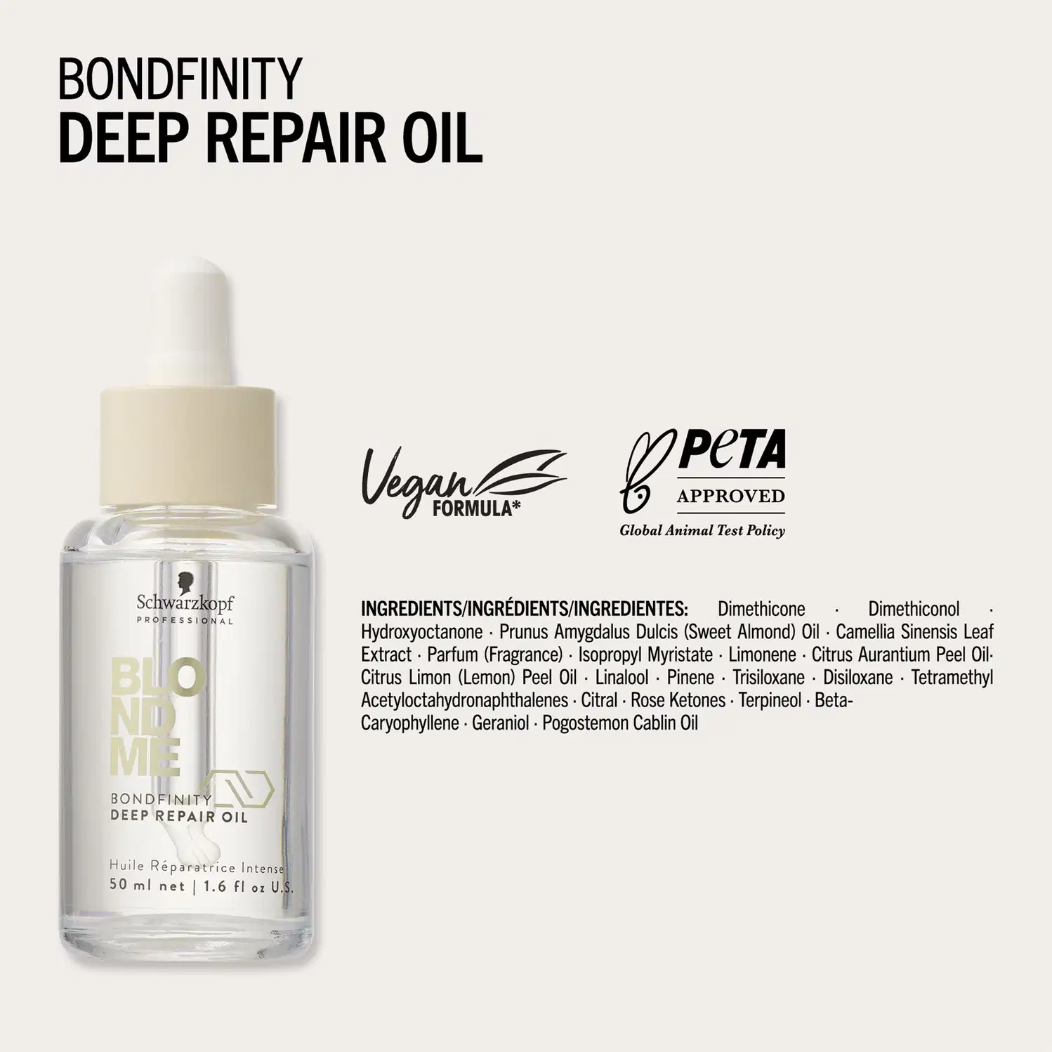 O produto de beleza Bondfinity Deep Repair Oil da marca Schwarzkopf Professional é apresentado em um ambiente minimalista e clean, com fundo branco e detalhes em preto e amarelo, destacando sua fórmula vegana e aprovação da PETA.