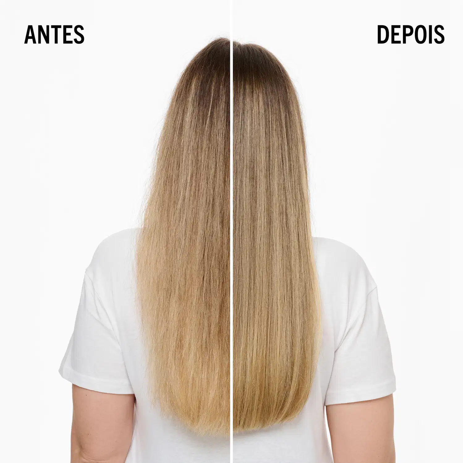 Imagem de antes e depois da marca Schwarzkopf Professional, mostrando a transformação do cabelo para um loiro radiante, em um fundo branco com texto indicando as etapas "antes" e "depois".