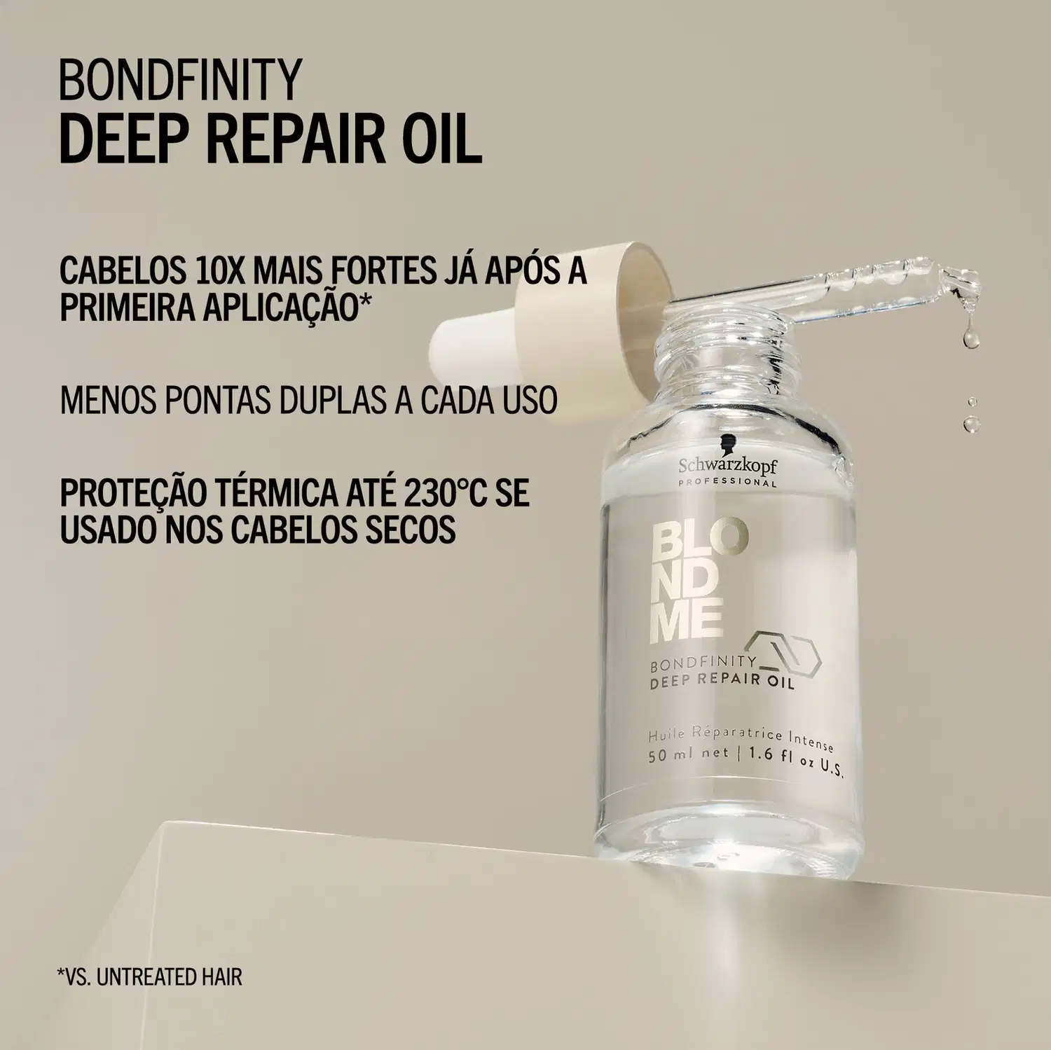 BONDFINITY DEEP REPAIR OIL
CABELOS 10X MAIS FORTES JÁ APÓS A PRIMEIRA APLICAÇÃO*
MENOS PONTAS DUPLAS A CADA USO
PROTEÇÃO TÉRMICA ATÉ 230°C SE USADO NOS CABELOS SECOS