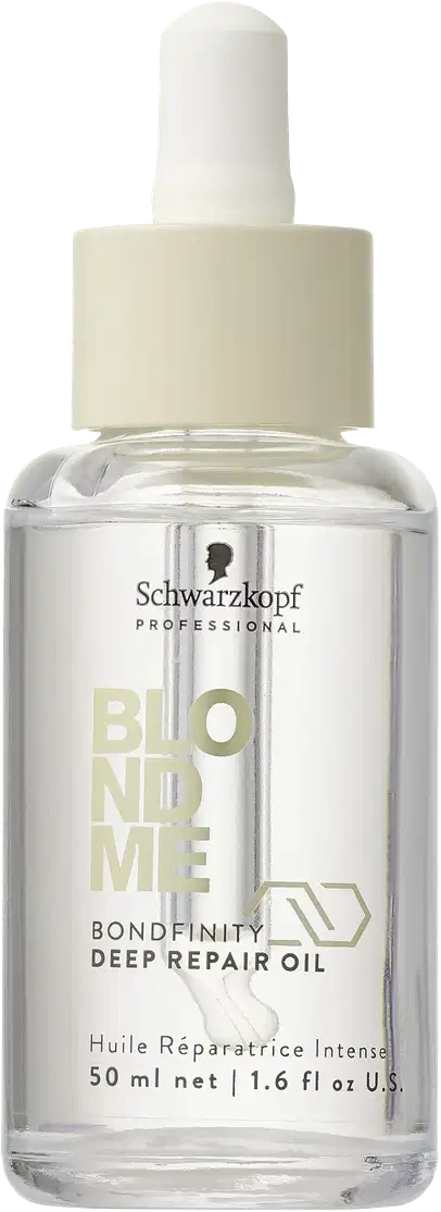 Frasco transparente com conta-gotas contendo óleo reparador profundo da linha Bondfinity da Schwarzkopf Professional, com 50ml