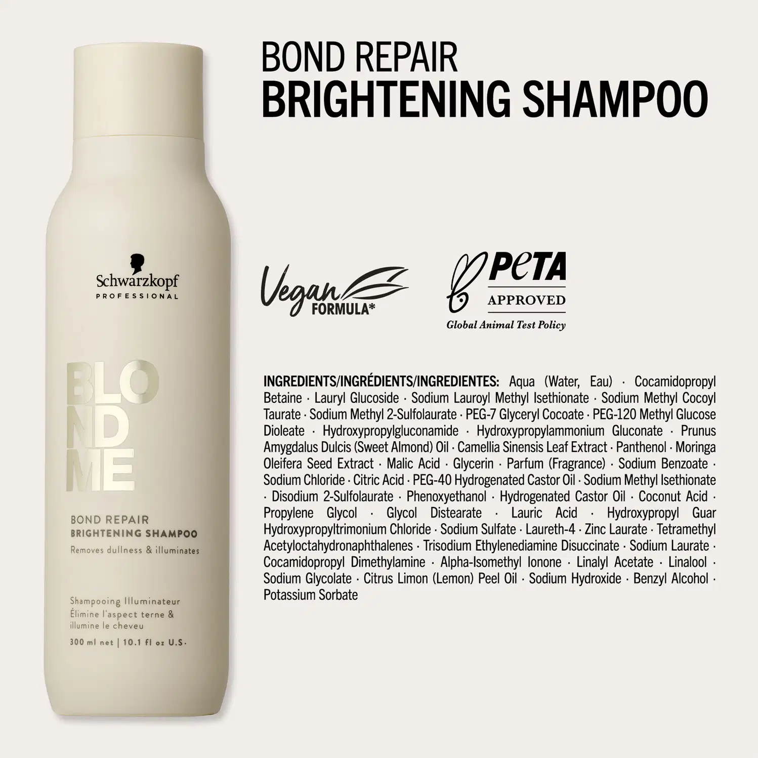 O produto de beleza da marca Schwarzkopf Professional é um shampoo reparador e clareador, com fórmula vegana e aprovação da PETA. O produto é apresentado em uma embalagem branca e neutra, destacando os principais benefícios e ingredientes.