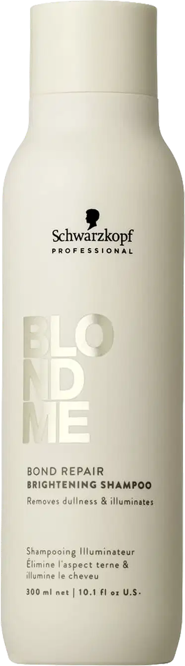 Frasco branco de shampoo Schwarzkopf Professional Blond Me Bond Repair Brightening 300ml, com rótulo preto destacando o nome do produto e sua função de reparar e iluminar os cabelos.